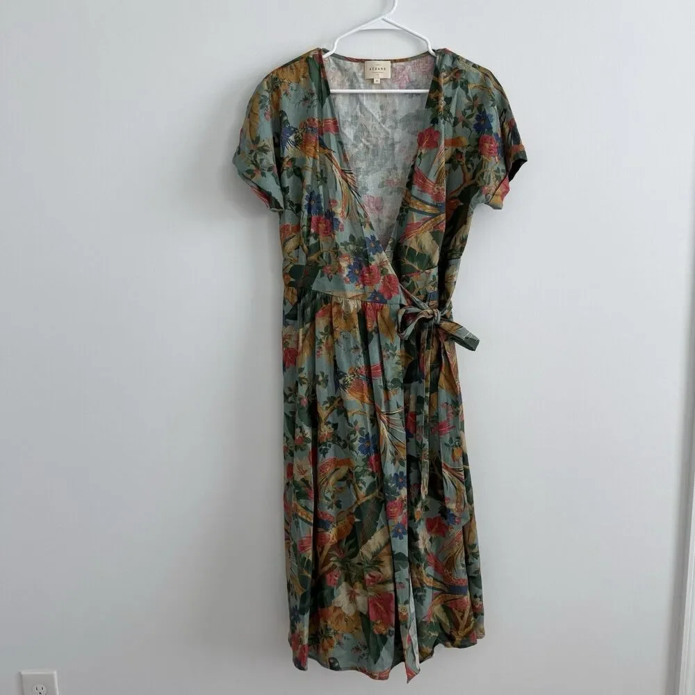 Sezane Tropical Floral Midi Wrap Dress Linen Hawaiian Birds Sz 40 (US 8) Classic - Picture 2 of 12